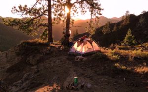 dog sleeping in front of tent